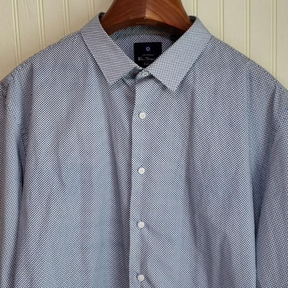 Ben Sherman Dress Shirt Mens XL 17.5 34/35 Blue Polka Dot Stretch Long Sleeve